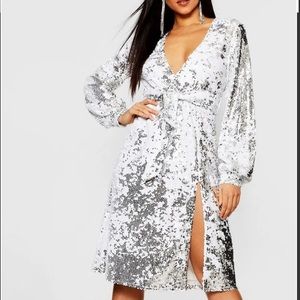 Boohoo Sequin Plunge Belted Midi Dress